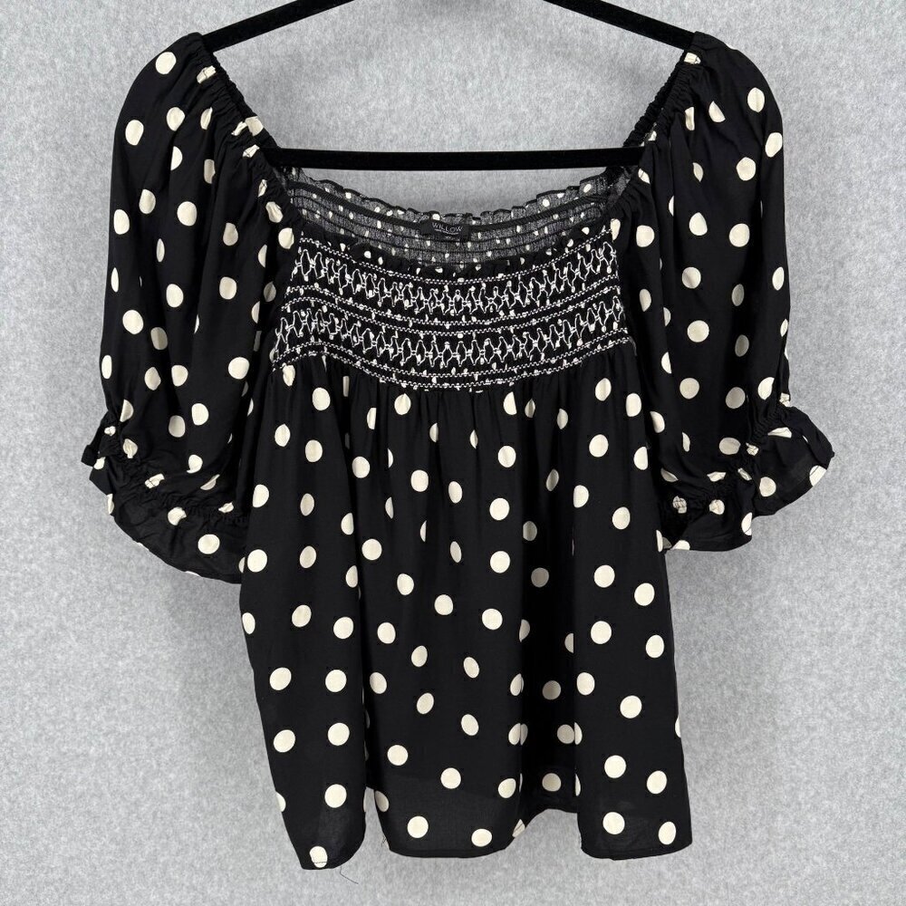 Willow Womens Puff Sleeve Smocked Top Blouse Size 3X Black White Polka Dot NEW